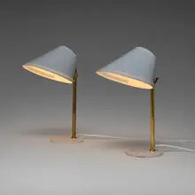 Table lamps model 9227, pair by Paavo Tynell, c. 1955, enameled metal, brass, sold Oct 2025
