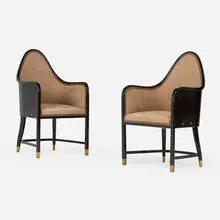 Josef Hoffmann, Armchairs model 330/F, pair, c. 1905, stained beech, suede upholstery, brass