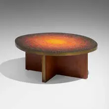 Mosaic coffee table by Vladimir Kagan, c. 1950, glass tiles, walnut, brass, sold Oct 2025