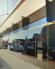 Ben Johnson, Glass door reflecting a citroen, 1973, acrylic on board