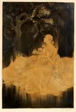 'ÉLÉGANTE AUX LYS' by Louis Icart, 1934, etching and aquatint, printed with colours, and applied hand colour, lacquered finish, offered Sep 2017