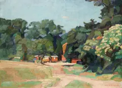 Udo Peters, Am Dorf, 1934, Öl auf Pappe