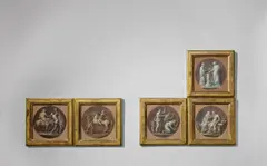 Italienisch, Fünf Tondi mit antikisierenden Szenen: 1. Zug des Bacchus 2. Amazonomachie 3. Persephone und die Nymphen beim Blumenpflücken 4. Opferszene der Vestalinnen 5. Paris und Helena, Um 1750, Eitempera auf Leinwand