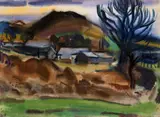 Curt Querner, Karsdorf mit Kipse, 1955, Aquarell auf Fabriano-Bütten, fest unter Passepartout montiert