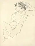 Sitzende, sich zurücklehnende weibliche Figur by George Grosz, Um 1923, Bleistift auf gelblichem Papier, sold Nov 2009