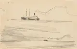 Lyonel Feininger, Dampfer auf ruhiger See, 1924, Bleistift auf gelochtem Papier