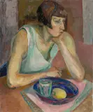 Anta Rupflin, Frau am Tisch sitzend mit blauer Schale, Um 1925, Öl auf Leinwand