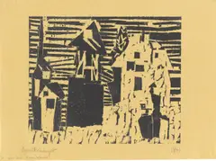 Lyonel Feininger, Dorf, 1918, Holzschnitt auf gelbem Seidenpapier