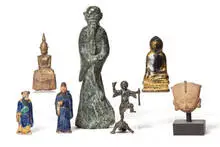 Asian Style, Group of 7 ornamental figures, Wood, stone and ceramic