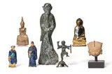 Asian Style, Group of 7 ornamental figures, Wood, stone and ceramic