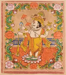 Asian Style, Group of five ornamental wood figures, Together with Woodblock print and Watercolor and ink on paper works