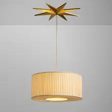 Phillip Lloyd Powell, Custom ceiling fixture, c. 1965, carved, gessoed, and gilt wood, brass, original cloth shade