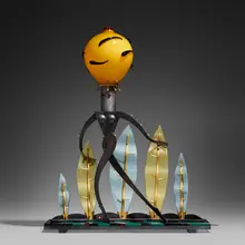 Nude in Glass Foliage lamp by Dan Dailey, 1997, blown glass, Vitrolite, fabricated, patinated and gold-plated bronze, sold May 2023