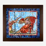 Judith Schaechter, Transformer, 1991, sandblasted, engraved, and enameled stained glass, copper foil, paint, lightbox