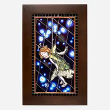 Angel on a Rope by Judith Schaechter, 1994, sandblasted, engraved, and enameled stained glass, copper foil, paint, lightbox, sold May 2023