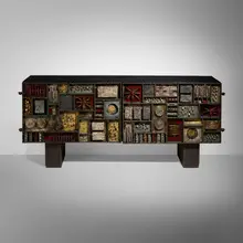 Paul Evans, Sculpture Front cabinet, 1970, welded and patinated steel, brass, and colored pigments, 23 karat gold leaf