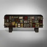 Sculpture Front cabinet by Paul Evans, 1970, welded and patinated steel, brass, and colored pigments, 23 karat gold leaf, sold May 2023