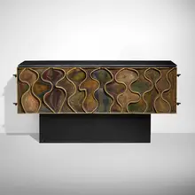 Paul Evans, Wavy Front cabinet, 1972, welded, gilt, polychromed, and patinated steel