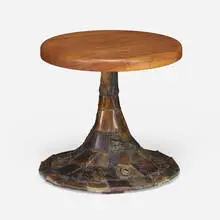 Piano stool by Paul Evans and Phillip Lloyd Powell, c. 1965, welded, polychromed, and patinated steel, walnut, sold May 2023