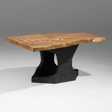 Michael Oates, Anima table, 2022, London plane, ebonized mahogany, ipe, white oak, wenge, curly maple, walnut, padouk, purpleheart wood, osage orange, cherry, sapele