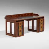 Phillip Lloyd Powell, Double pedestal desk, c. 1995, walnut, ash, slate, ebony, cocobolo, painted wood, patinated metal, bone inlay, mirrored glass