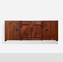 Phillip Lloyd Powell, Wall-mounted cabinet, c. 1995, walnut, cocobolo, ebony, patinated metal, painted wood