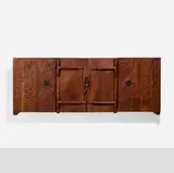 Phillip Lloyd Powell, Wall-mounted cabinet, c. 1995, walnut, cocobolo, ebony, patinated metal, painted wood