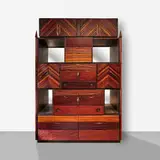 Phillip Lloyd Powell, Cabinet, c. 1990, walnut, ash, cocobolo, ebony, painted wood, gilt metal, mirrored glass