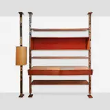 Paul Evans and Phillip Lloyd Powell, Shelving unit and suspension lamp, c. 1965, torch-cut, welded and enameled steel, walnut, painted wood, glass, sea grass, velvet