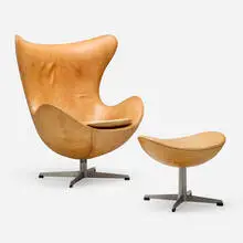 Egg chair and ottoman by Arne Jacobsen, 1958, leather upholstery, aluminum, sold Oct 2025
