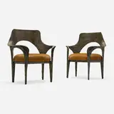 Rare Sculpted Bronze chairs model PE-69, pair by Paul Evans, 1969, bronzed resin over steel, hide upholstery, sold Oct 2025