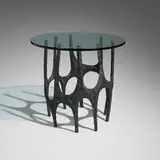 Custom Sculpted Bronze Stalagmite occasional table by Paul Evans, c. 1975, bronze resin over steel, glass, sold Oct 2025