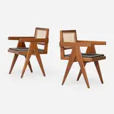 Office Cane chairs from Chandigarh, pair by Pierre Jeanneret, c. 1960, teak, cane, upholstery, sold Oct 2025
