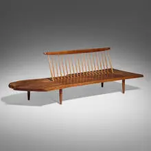 Conoid Bench by George Nakashima, 1956, American black walnut, hickory, upholstery, sold Oct 2025