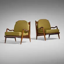 Phillip Lloyd Powell, New Hope chairs, pair, 1963, sculpted walnut, upholstery