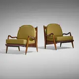 Phillip Lloyd Powell, New Hope chairs, pair, 1963, sculpted walnut, upholstery