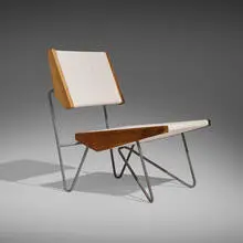Rare lounge chair by Maurice Martiné, 1946-50, cotton cord, painted tubular steel, wood, sold Oct 2025