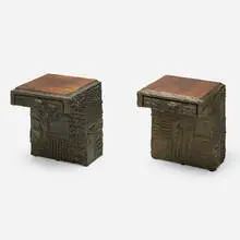 Paul Evans, Rare Sculpted Bronze nightstands, pair, 1972, bronze resin over wood, rosewood veneer