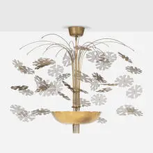 Paavo Tynell, Rare chandelier, model 9041, c. 1948, brass, perforated brass, wire