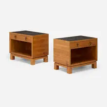 Cabinets, pair by Paul Dupré-Lafon for Hermès, c. 1940, walnut, Hermès leather, brass, marble, sold Oct 2025
