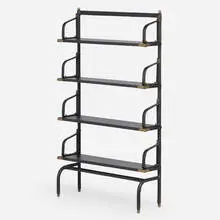 attribution Jacques Adnet, Bookshelf, c. 1950, stitched leather over wood and steel, brass