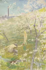 Max Pietschmann, Nymphe und Faun unter Kirschen, Um 1900, Öl auf Leinwand. 109 cm × 72 cm (42 ⅞ in. × 28 ⅜ in.)