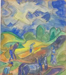 Fritz Schaefler, Bauern bei der Ernte, Aquarell und Bleistift auf Papier