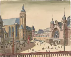 Kölner Hauptbahnhof mit Vorplatz by Carl Grossberg, 1935, Aquarell und Tuschfeder auf Bütten, sold Nov 2024