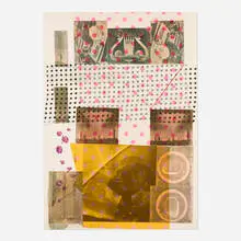 Robert Rauschenberg, Cage, 1983, screenprint in colors, silk collage, plastic ruler