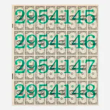 Jonathan Borofsky, Numbered Money, 1986, screenprint on acrylic, uncut sheet of U.S. currency