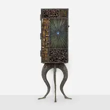 Segment Front cabinet by James Bearden, 2016, blackened steel, fused bronze, copper, enamel, sold May 2023