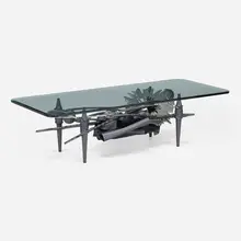 Rectilinear coffee table by Albert Paley, 1997, formed and fabricated steel, stainless steel, glass, sold May 2023