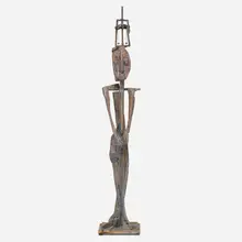 Smokey Tunis, Floor lamp, c. 1975, carved, gessoed and polychromed wood, patinated brass