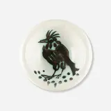 Oiseau avec touffe ashtray by Pablo Picasso, 1952, white earthenware with oxidized paraffin decoration and enamel, sold May 2023
